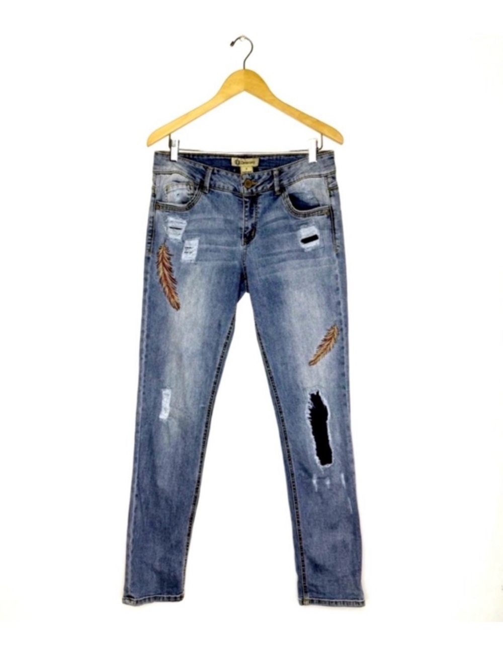 Democracy Girlfriend Embroidered Feather Distressed Boho Blue Jeans Size 6